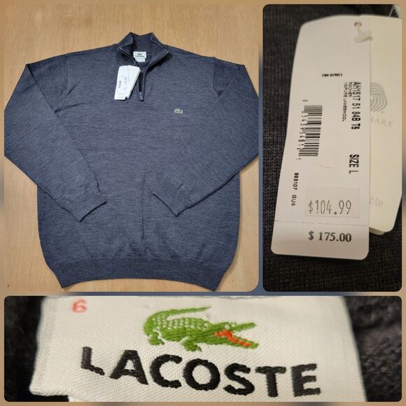 Lacoste Pure Wool Knit 1/4 Zip Pullover Sweater Gray Size Large Mens NWT - Picture 1 of 14